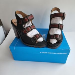 John Fluevog HI Angel buckle sandal in black with brown